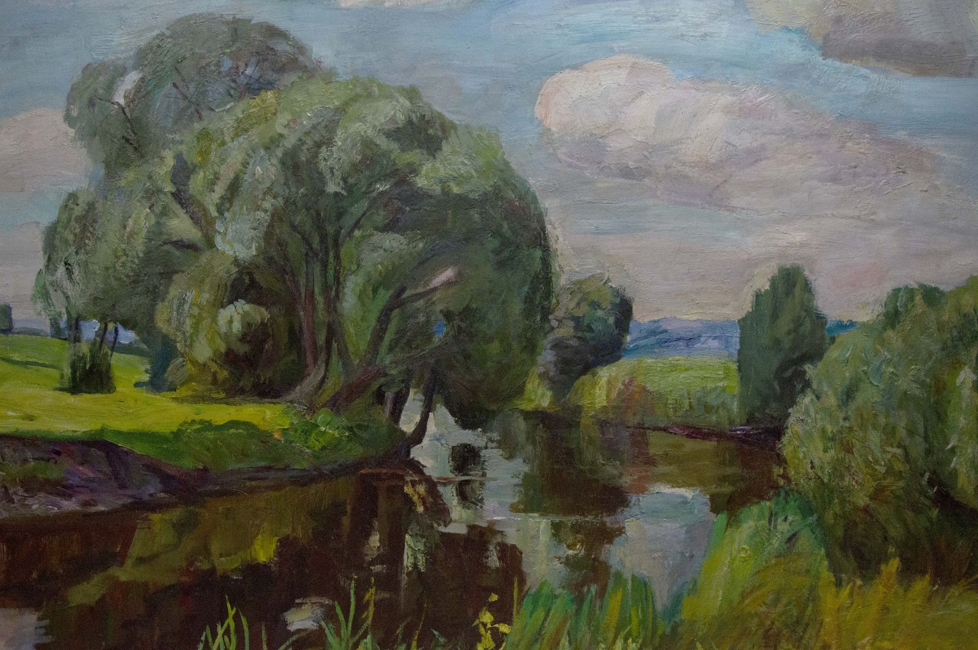 Oil painting of lush willow tree by river by Kozik Victor Georgievich