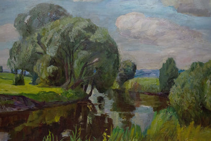 Oil painting of lush willow tree by river by Kozik Victor Georgievich