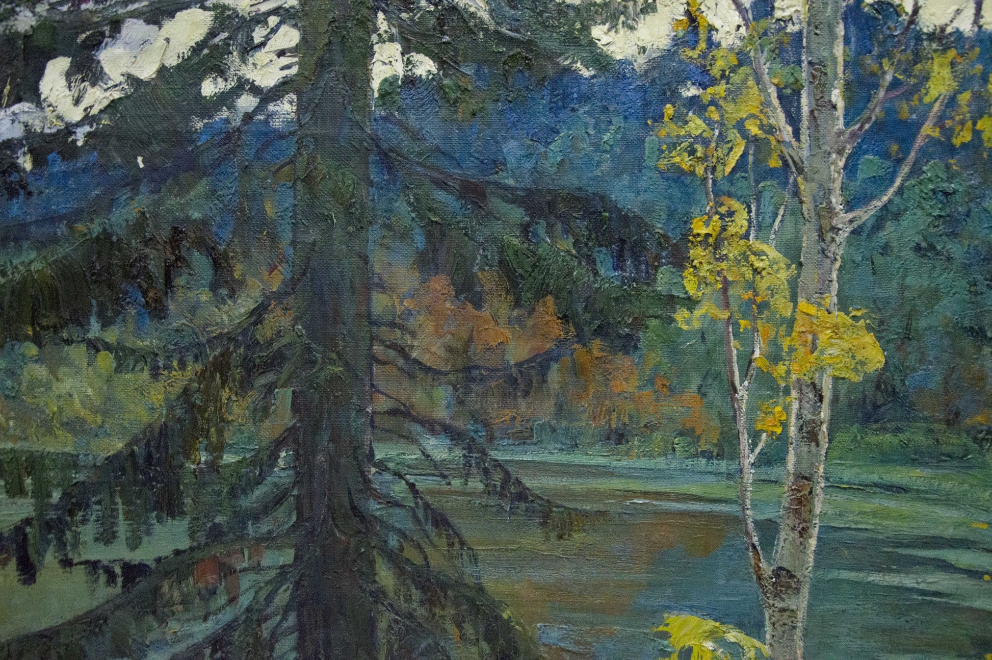 Oil painting Forest Lake by Khokhrin Valentin Petrovich, textured evergreens and birches