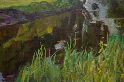 Textured oil painting of rustic stone wall, green grass, river landscape by Kozik Victor Georgievich