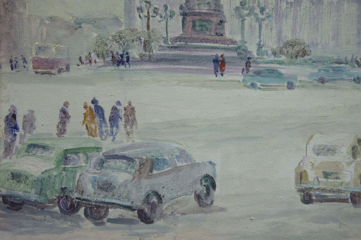 Watercolor city street with vintage cars, pedestrians by Basov