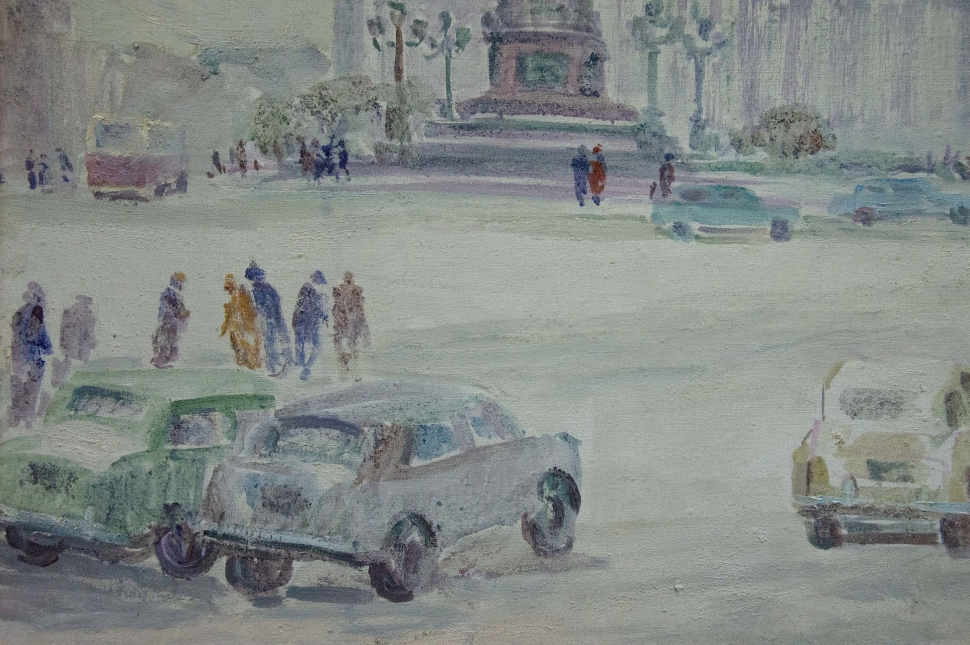 Watercolor city street with vintage cars, pedestrians by Basov
