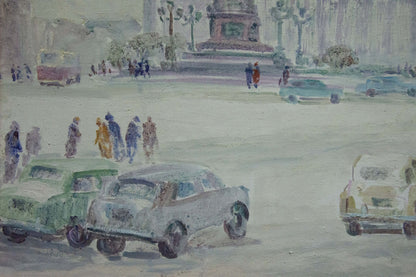 Watercolor city street with vintage cars, pedestrians by Basov