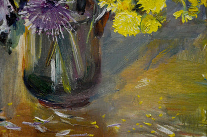 Oil painting of vibrant yellow and purple chrysanthemums by Polyakova Lyudmila Valentinovna