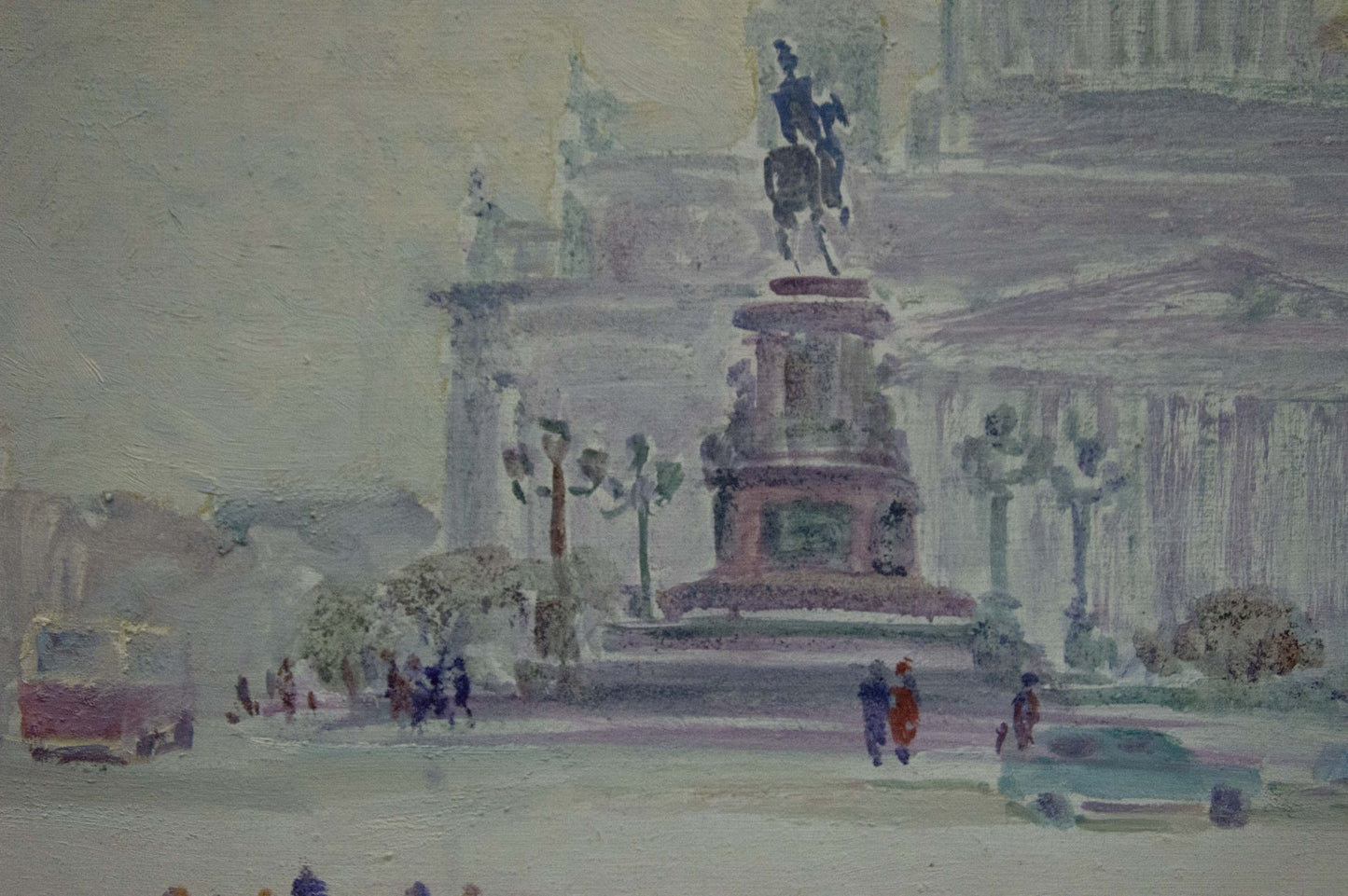 Oil painting of painted equestrian statue by Yakov Basov in city square