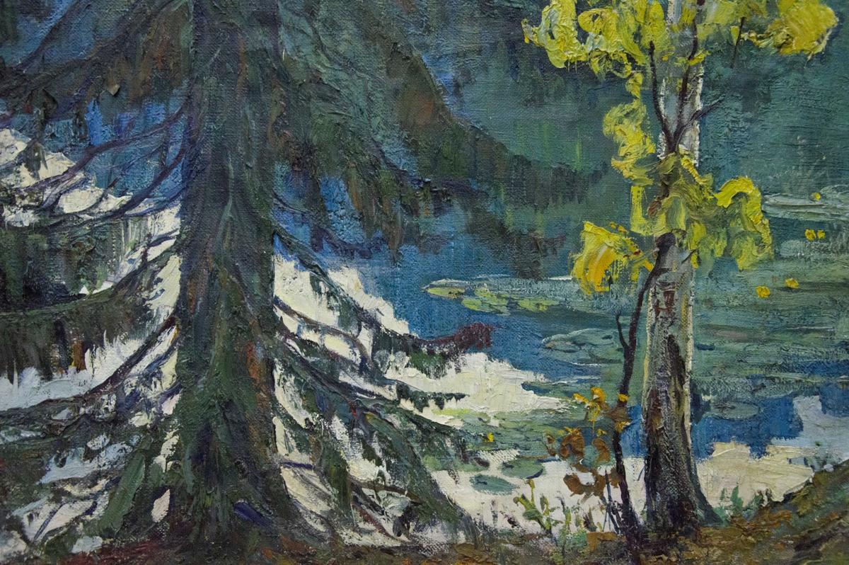 Oil painting Forest Lake by Khokhrin Valentin Petrovich: snowy evergreens, yellow birch, lily pond