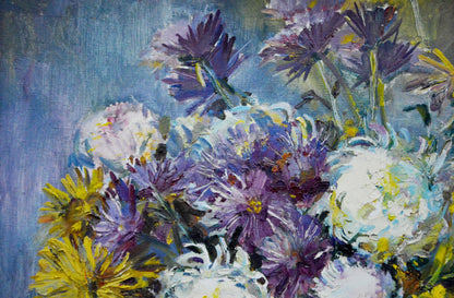 Vibrant impressionistic oil painting of purple white yellow chrysanthemums by Polyakova Lyudmila Valentinovna