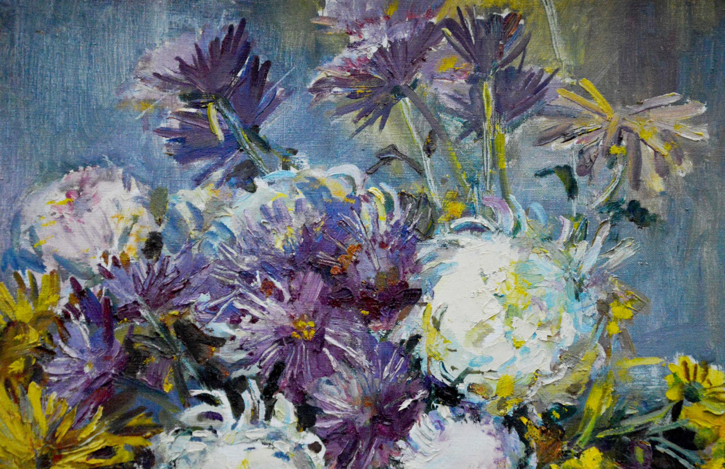 Vibrant impressionistic oil painting of purple white yellow chrysanthemums by Polyakova Lyudmila Valentinovna