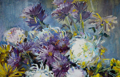 Vibrant impressionistic oil painting of purple white yellow chrysanthemums by Polyakova Lyudmila Valentinovna