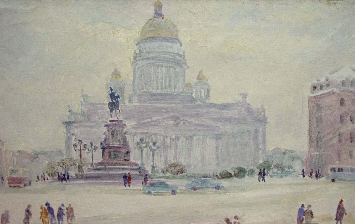 Oil painting of Yakov Basov bustling city square with golden domed cathedral