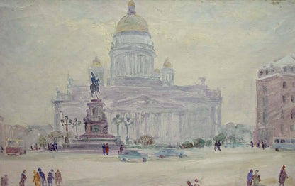 Oil painting of Yakov Basov bustling city square with golden domed cathedral