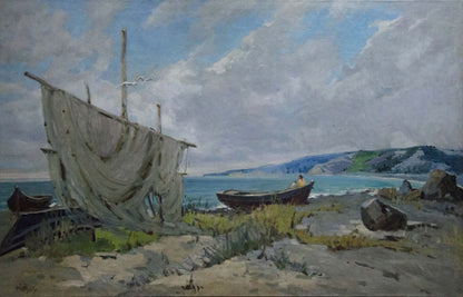 Oil painting Broken Sails by A. Ferber: tattered grayish-white sail on wooden mast ashore