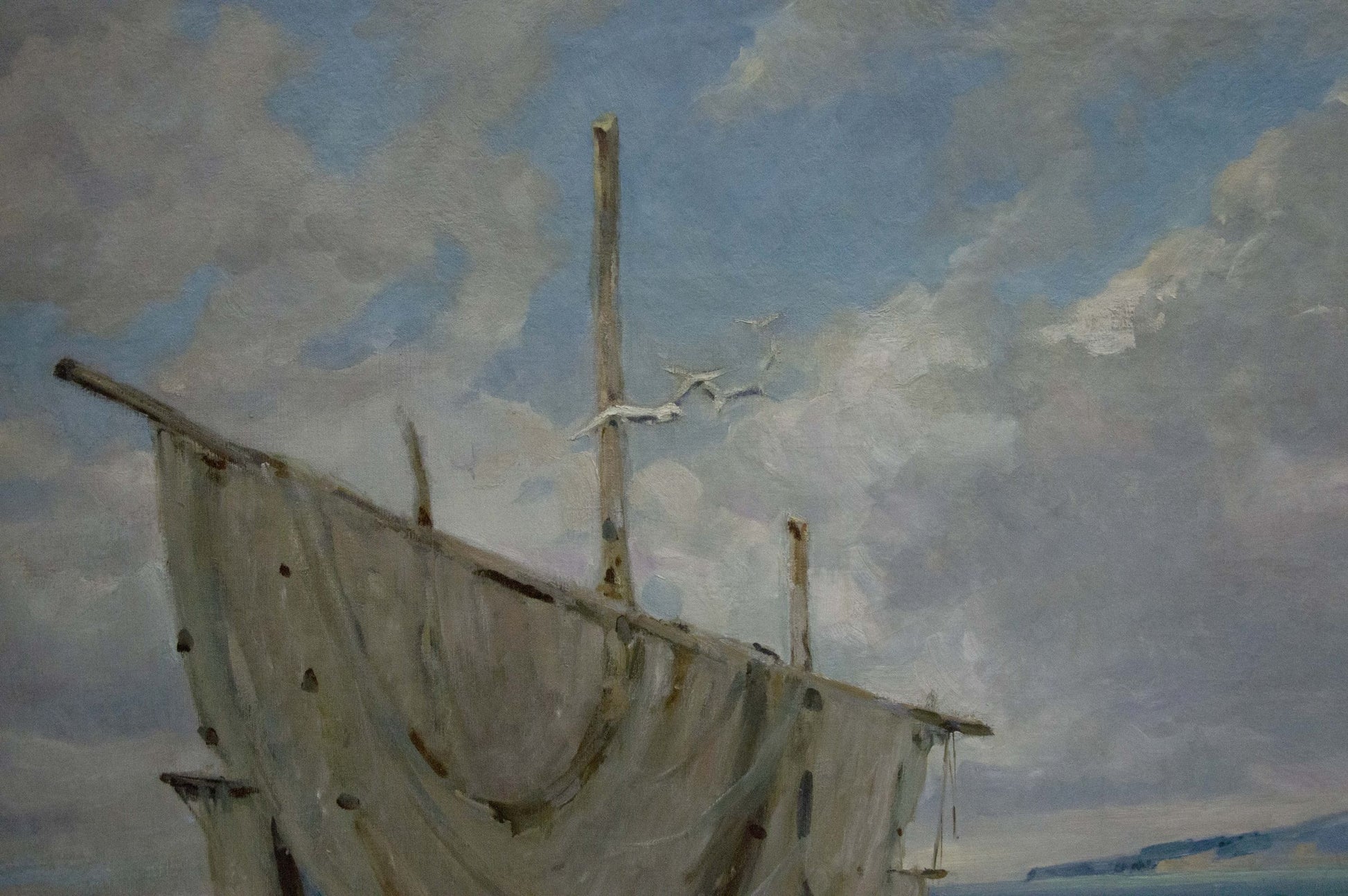 Oil painting Broken Sails by A. Ferber: weathered beige canvas sail on mast