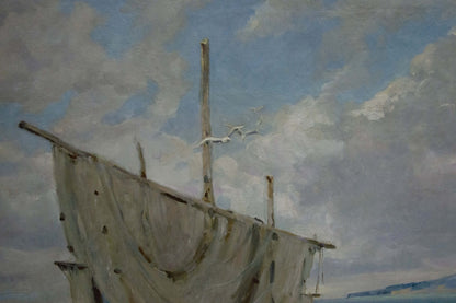 Oil painting Broken Sails by A. Ferber: weathered beige canvas sail on mast