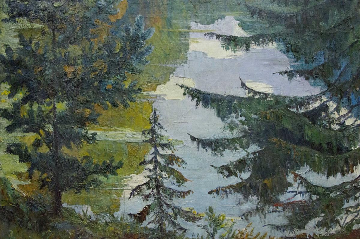 Serene impressionistic oil painting of forested lake by Khokhrin Valentin Petrovich