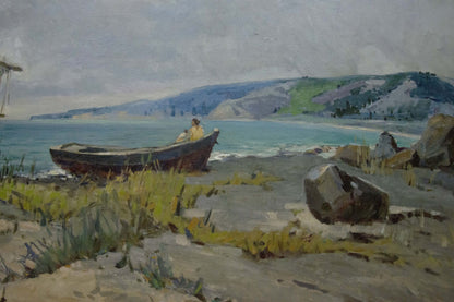 Oil painting Broken Sails by A. Ferber: weathered rowboat on shore