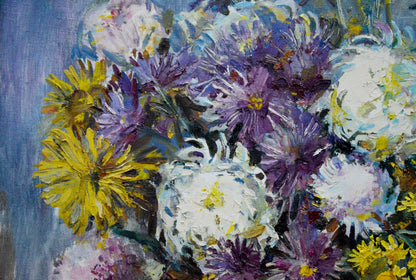 Oil painting of vibrant chrysanthemums by Polyakova Lyudmila Valentinovna