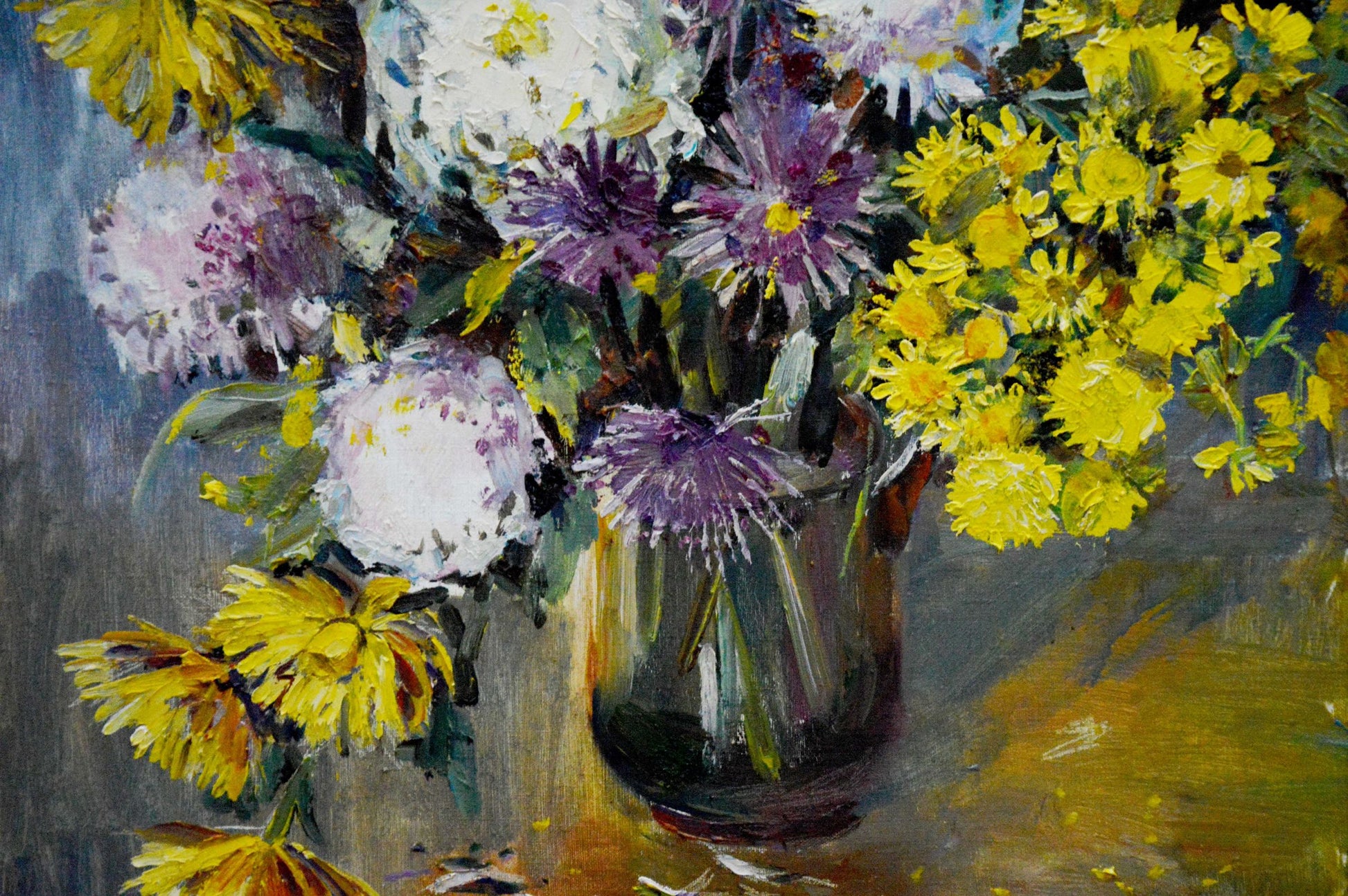 Oil painting of vibrant yellow, purple, white daisies by Polyakova Lyudmila Valentinovna
