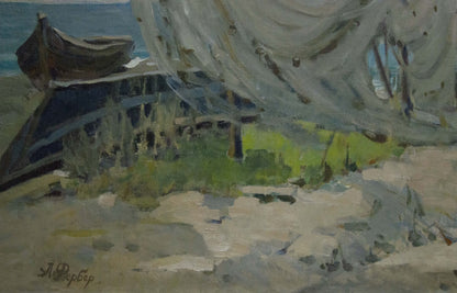 Oil painting Broken Sails by A. Ferber: weathered boat under tattered net on shore