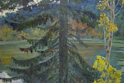 Oil painting Forest Lake by Khokhrin Valentin Petrovich: tall evergreen amid autumn foliage