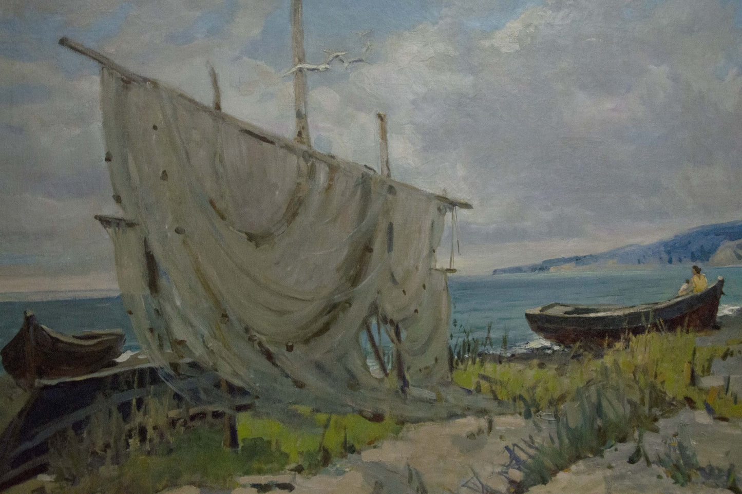 Oil painting Broken Sails by A. Ferber: weathered fishing net on shore frame
