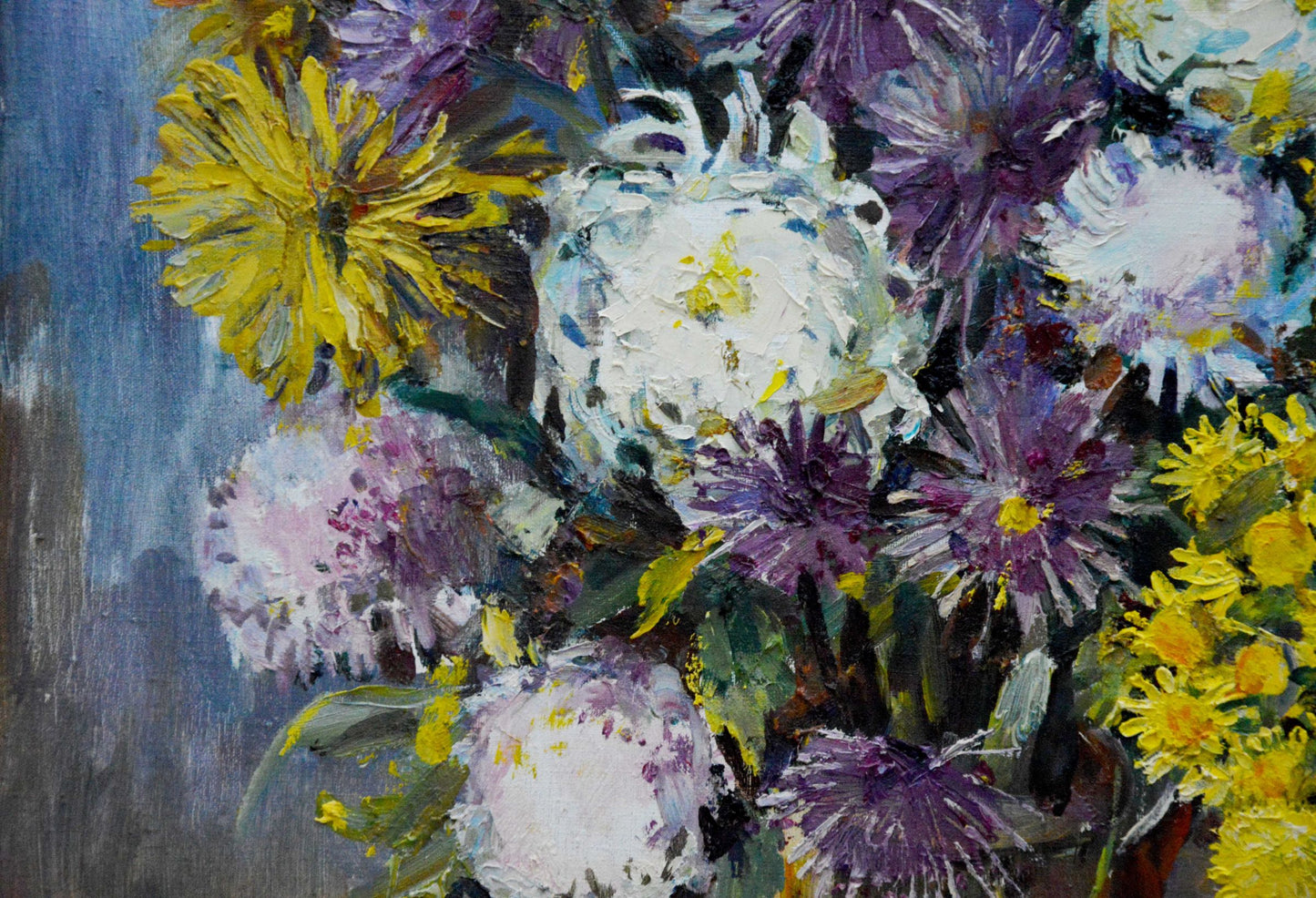 Oil painting of vibrant yellow, purple, white chrysanthemums by Polyakova Lyudmila Valentinovna
