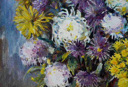 Oil painting of vibrant yellow, purple, white chrysanthemums by Polyakova Lyudmila Valentinovna