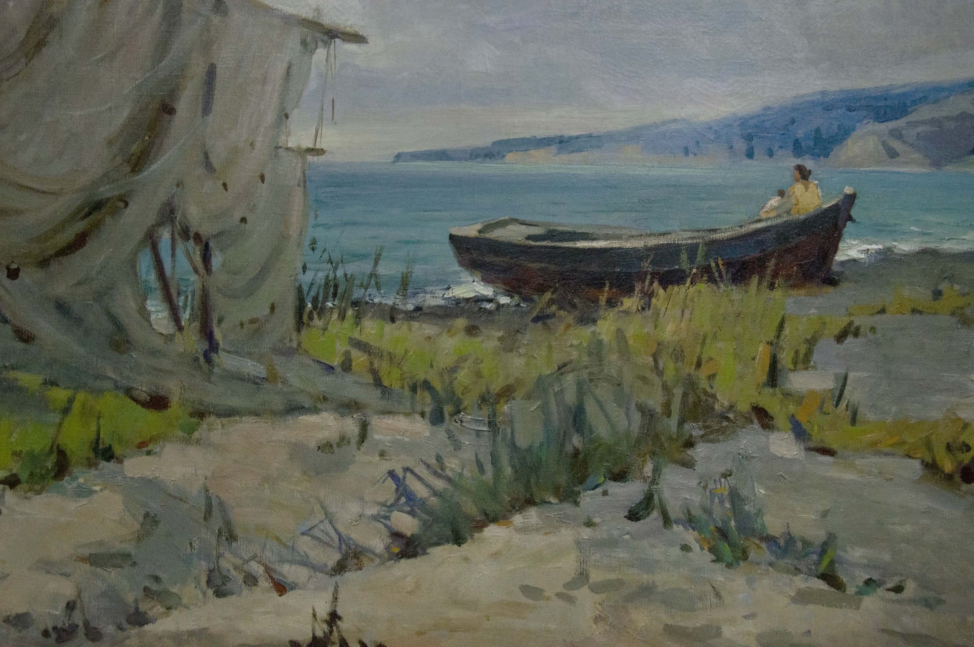Oil painting Broken Sails by A. Ferber: weathered rowboat on shore
