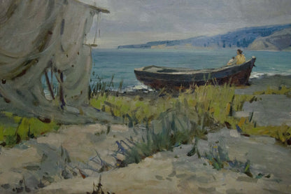 Oil painting Broken Sails by A. Ferber: weathered rowboat on shore