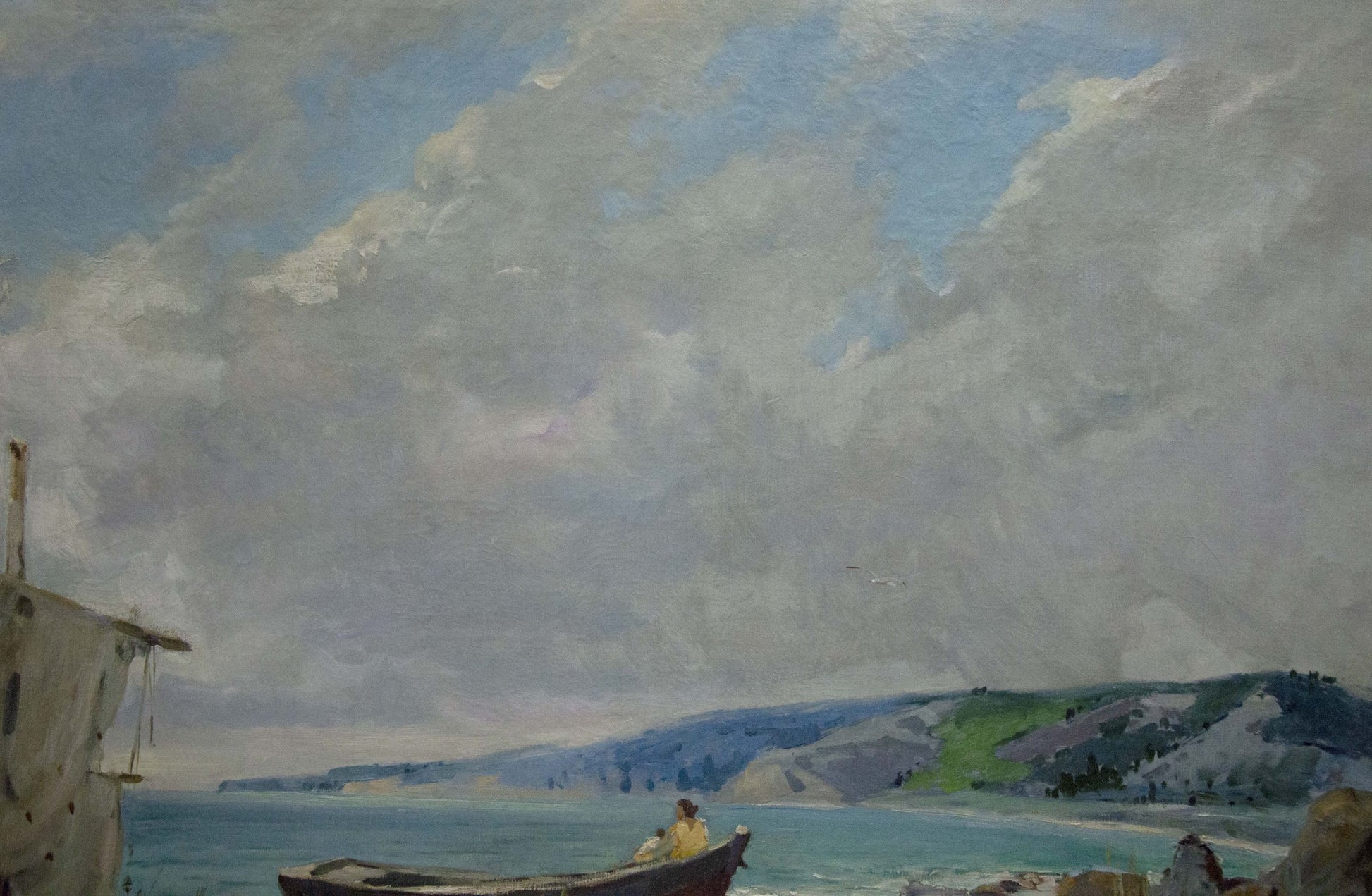 Oil painting Broken Sails by A. Ferber: serene coastal rowboat scene