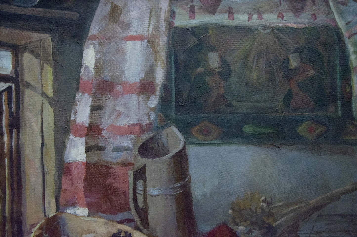 Rustic wooden bucket in Shevchenko oil painting Apple saved