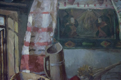 Rustic wooden bucket in Shevchenko oil painting Apple saved
