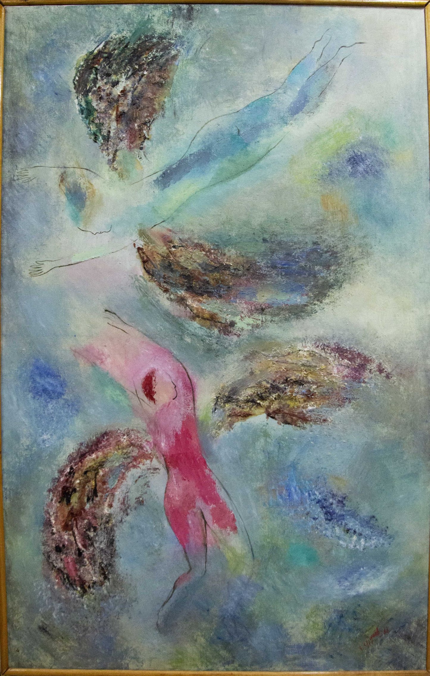 Abstract oil painting Selfies by Strulev Evgeny Alekseevich, pink figure on blue-green background