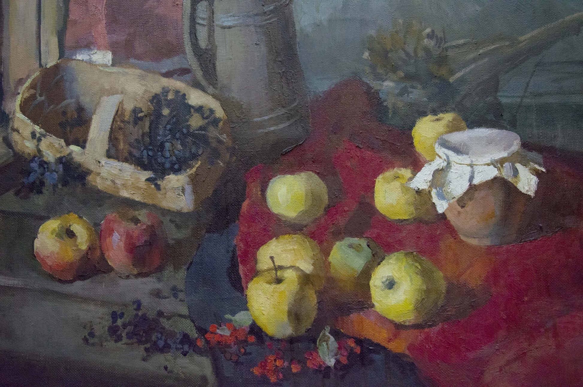 Oil painting by Shevchenko Ivan Ivanovich: yellow apples with red blushes on red cloth