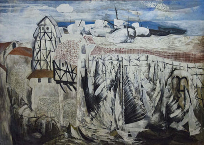 Abstract oil painting of coastal village House by the Shore by Zebek Nelli Petrovna