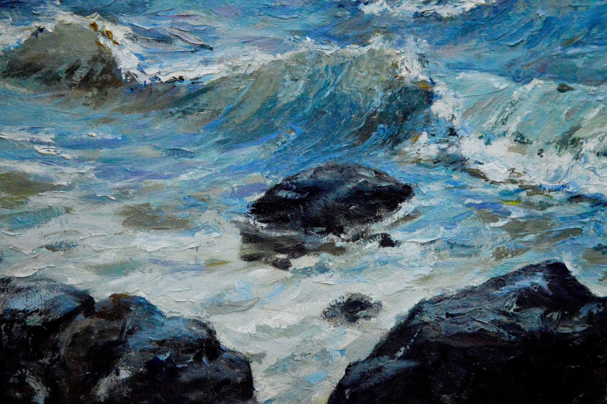 Oil painting of raging sea waves crashing on rocks by Bakaev Sergey Ivanovich