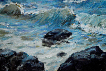 Oil painting of raging sea waves crashing on rocks by Bakaev Sergey Ivanovich