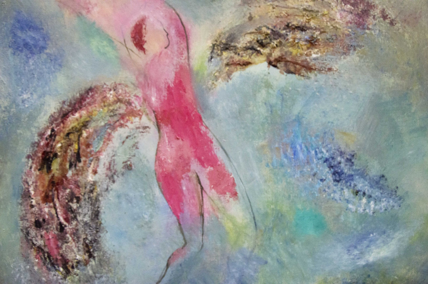 Vibrant pink abstract figure by Strulev Evgeny Alekseevich on blue-green canvas