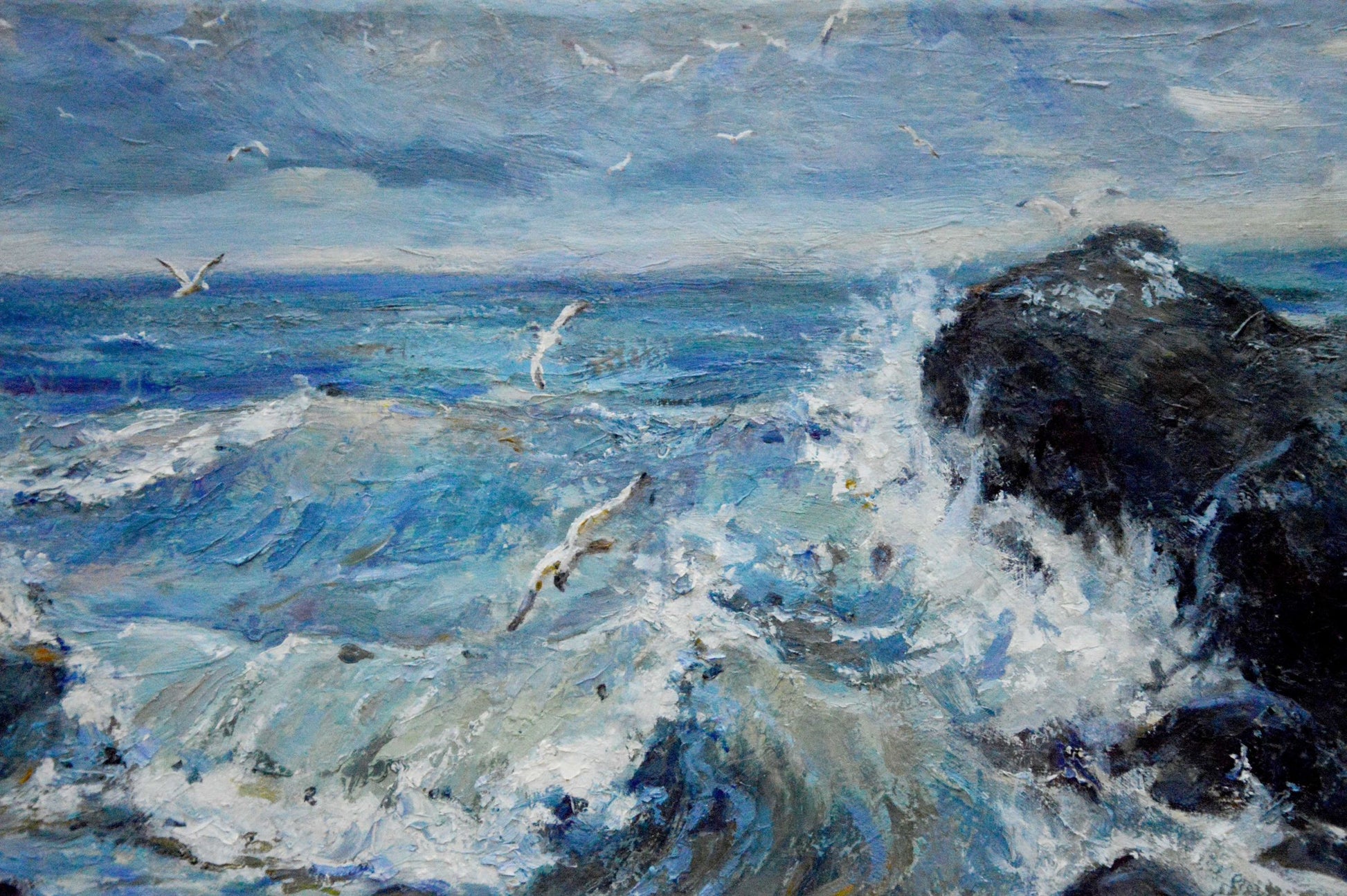 Oil painting Raging sea by Bakaev Sergey Ivanovich: dynamic waves crashing on rocks