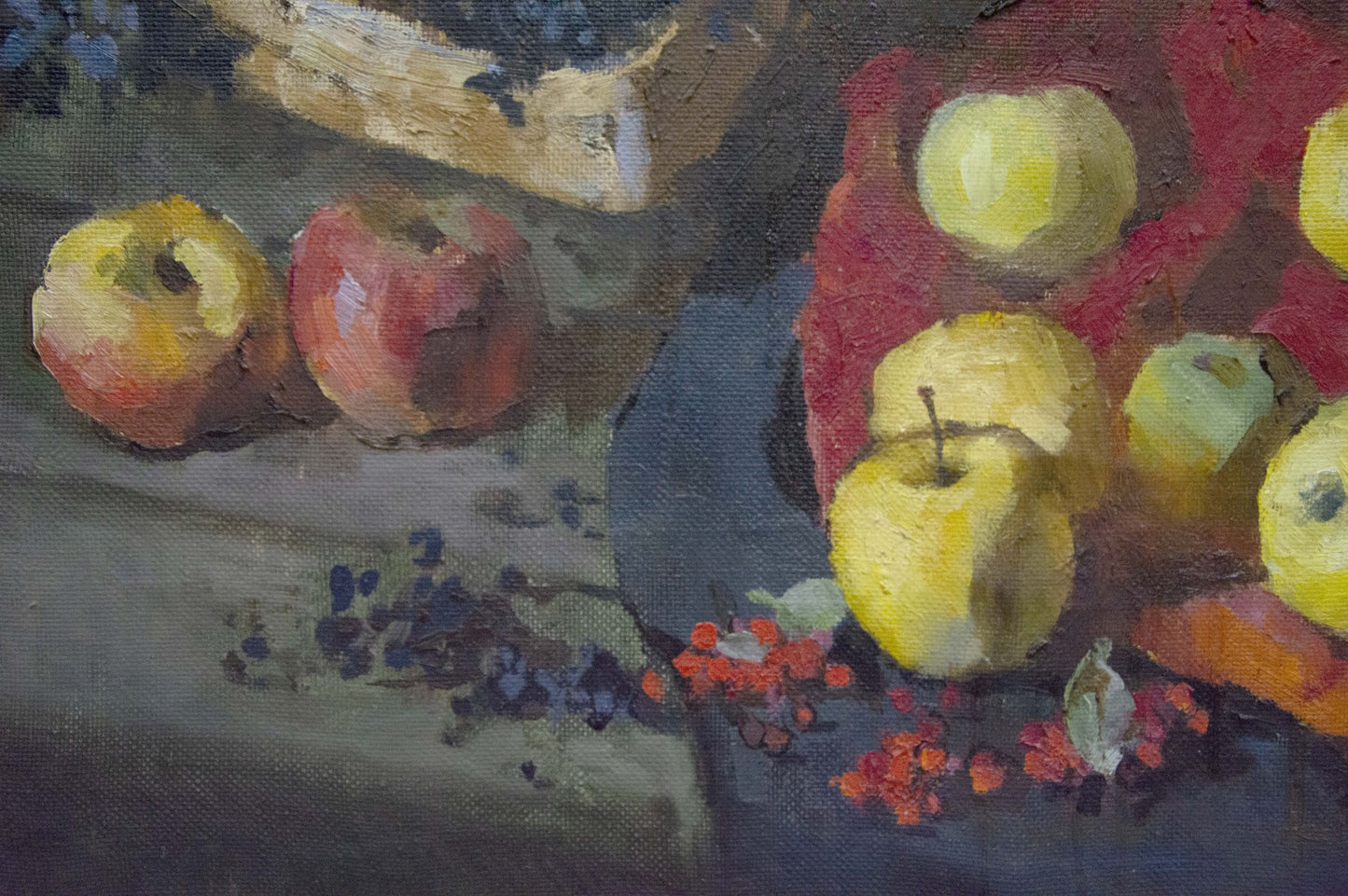 Oil painting by Shevchenko Ivan Ivanovich: yellow red apples berries still life