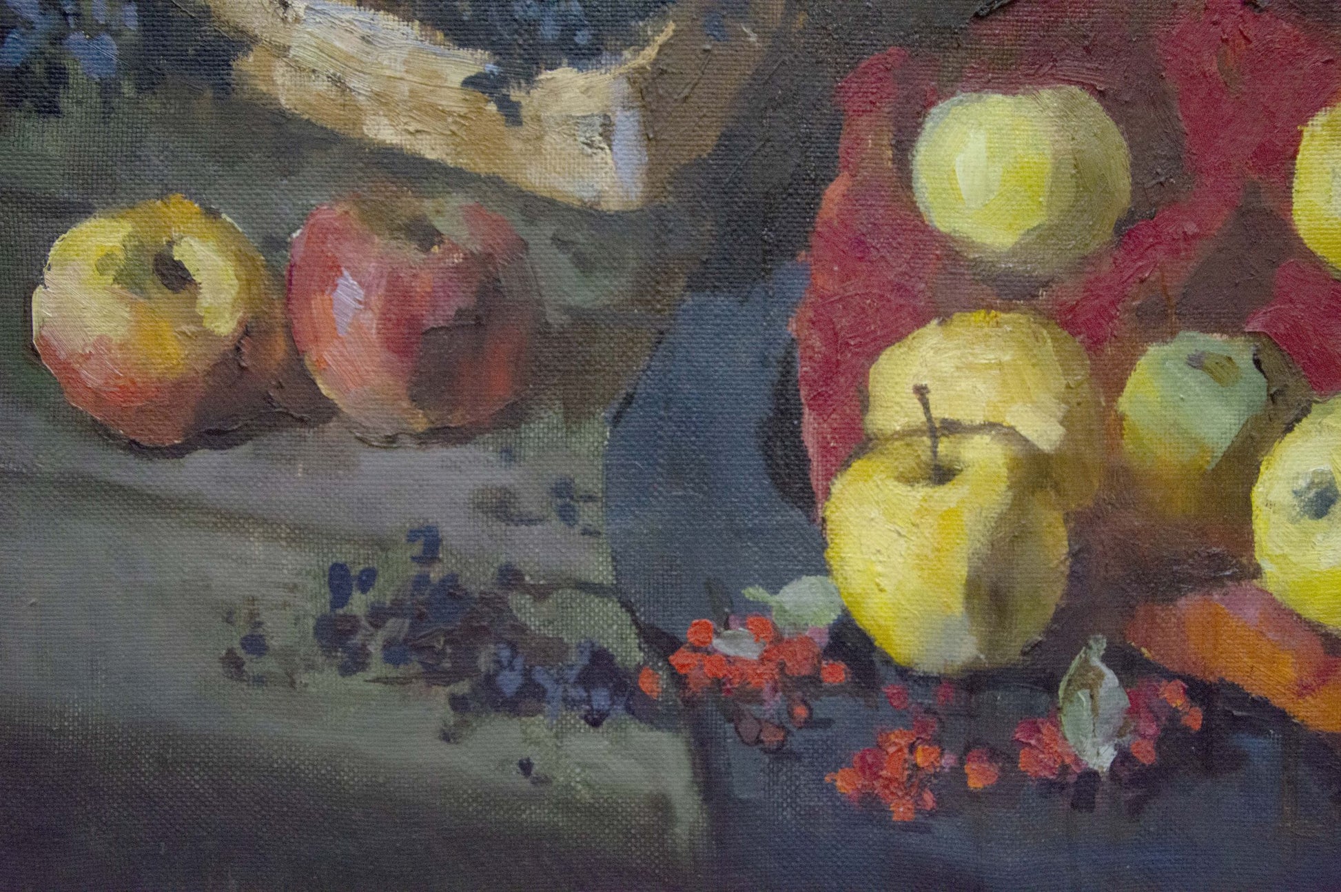 Oil painting by Shevchenko Ivan Ivanovich: yellow red apples berries still life