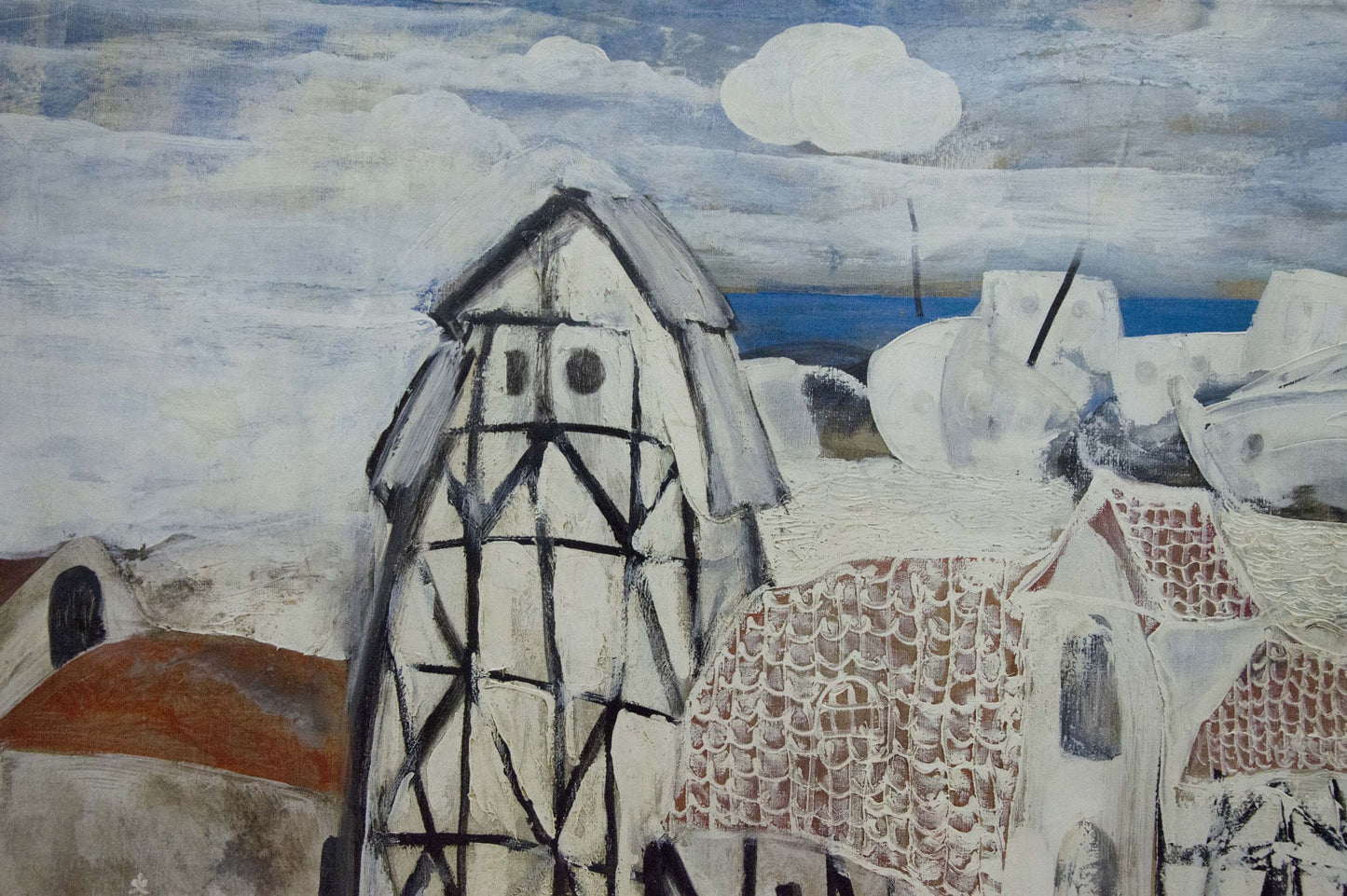 Abstract oil painting of stylized black and white timber house by shore by Zebek Nelli Petrovna