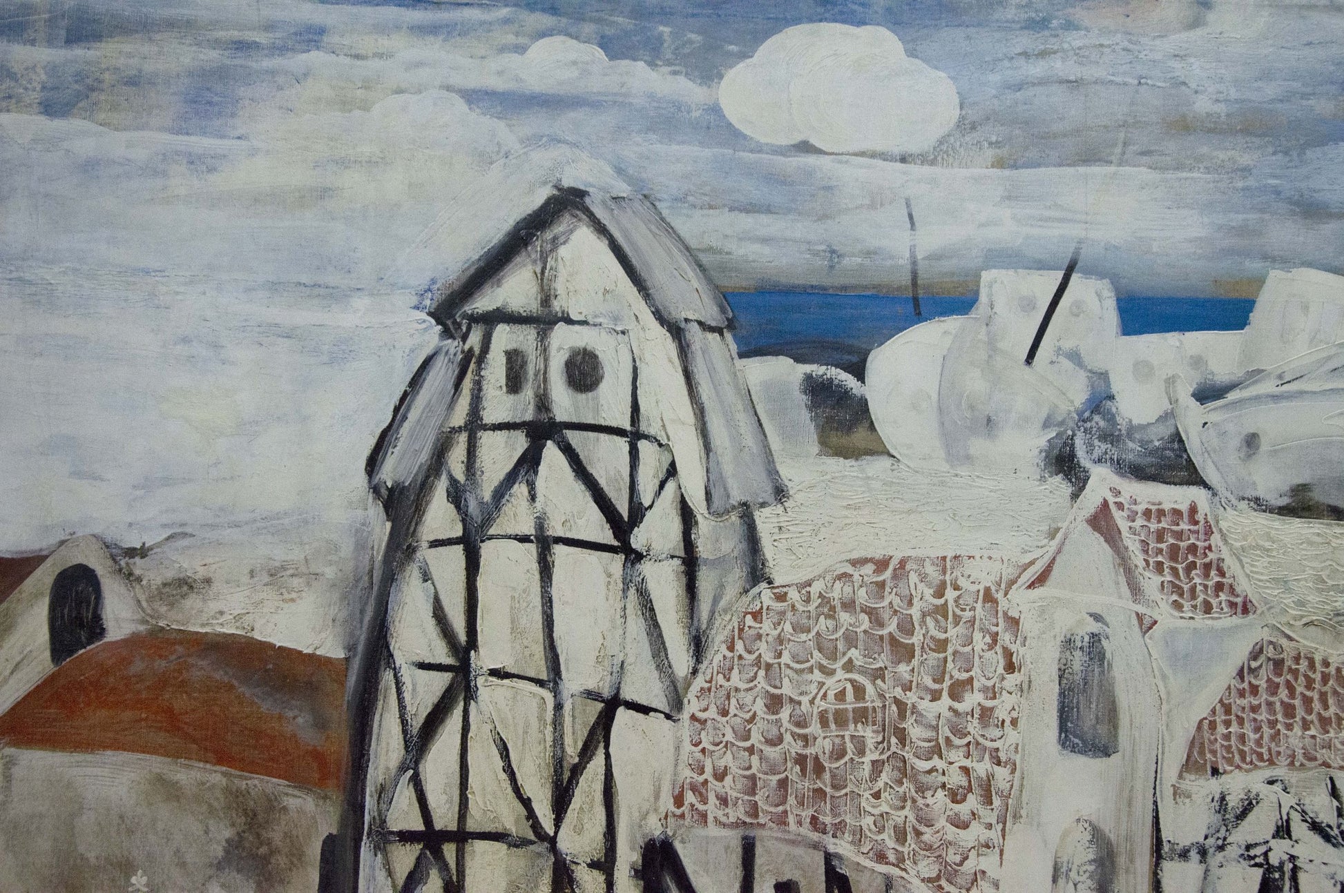 Abstract oil painting of stylized black and white timber house by shore by Zebek Nelli Petrovna