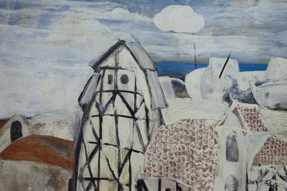 Abstract oil painting of stylized black and white timber house by shore by Zebek Nelli Petrovna