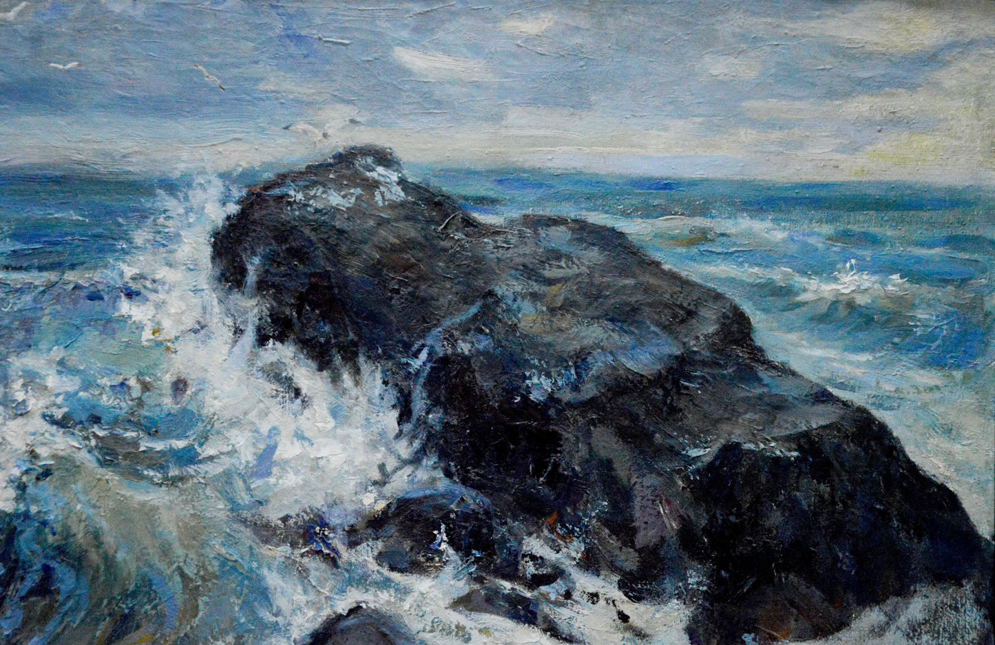 Oil painting of raging sea by Bakaev Sergey Ivanovich, waves crashing on dark gray rock