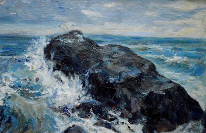Oil painting of raging sea by Bakaev Sergey Ivanovich, waves crashing on dark gray rock