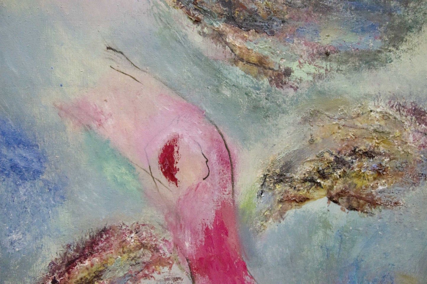 Abstract oil painting by Strulev Evgeny Alekseevich: pink figure with red mark