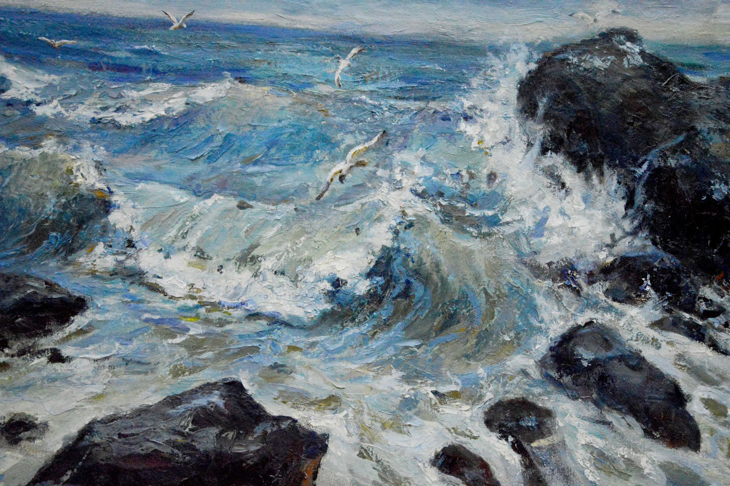 Oil painting of raging sea waves crashing on rocks by Bakaev Sergey Ivanovich