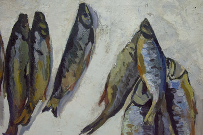 Textured oil painting of gray yellow blue fish by Pavlov Eduard Evgenievich