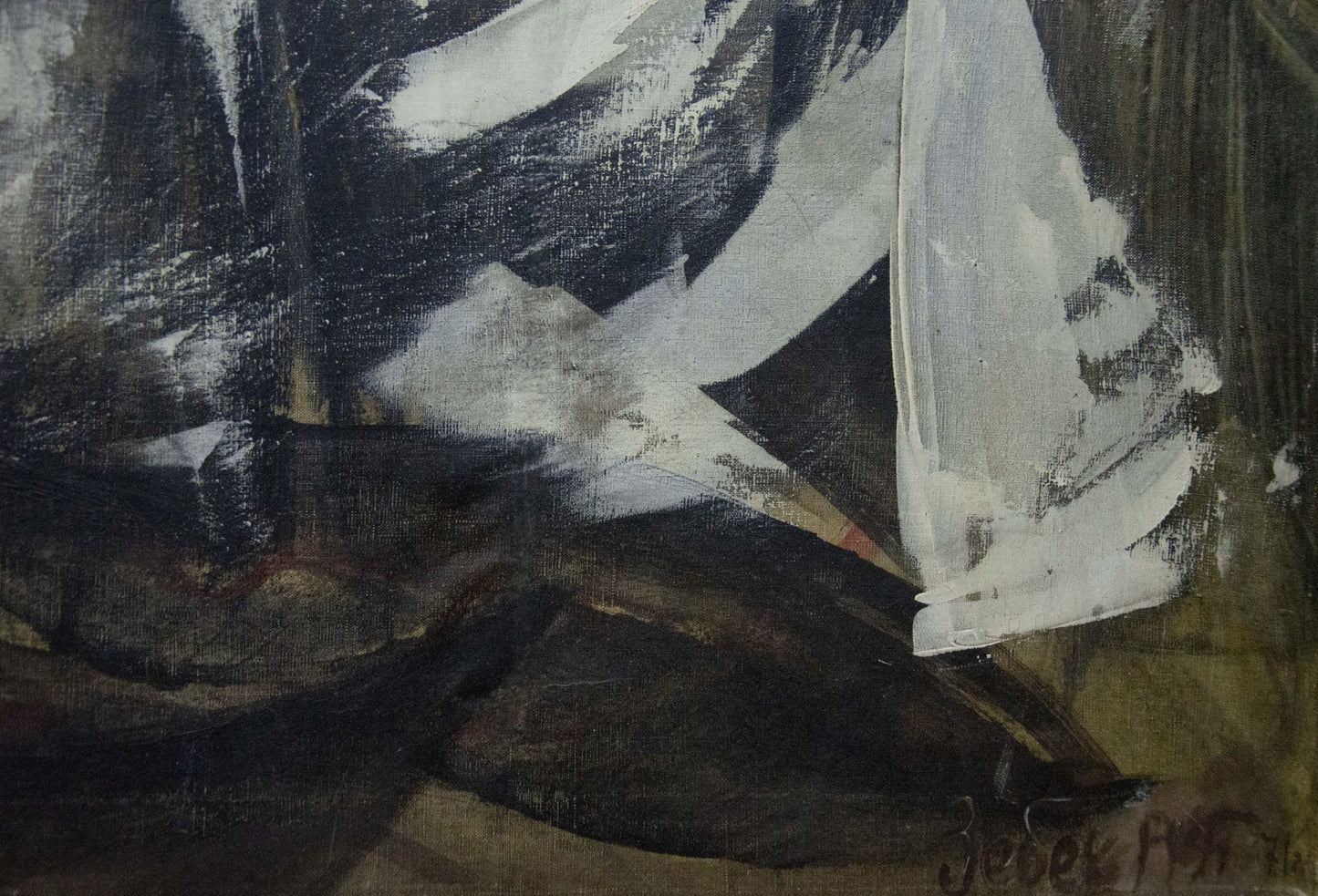 Abstract oil painting House by the Shore by Nelli Petrovna Zebek, textured canvas with bold white and dark brushstrokes